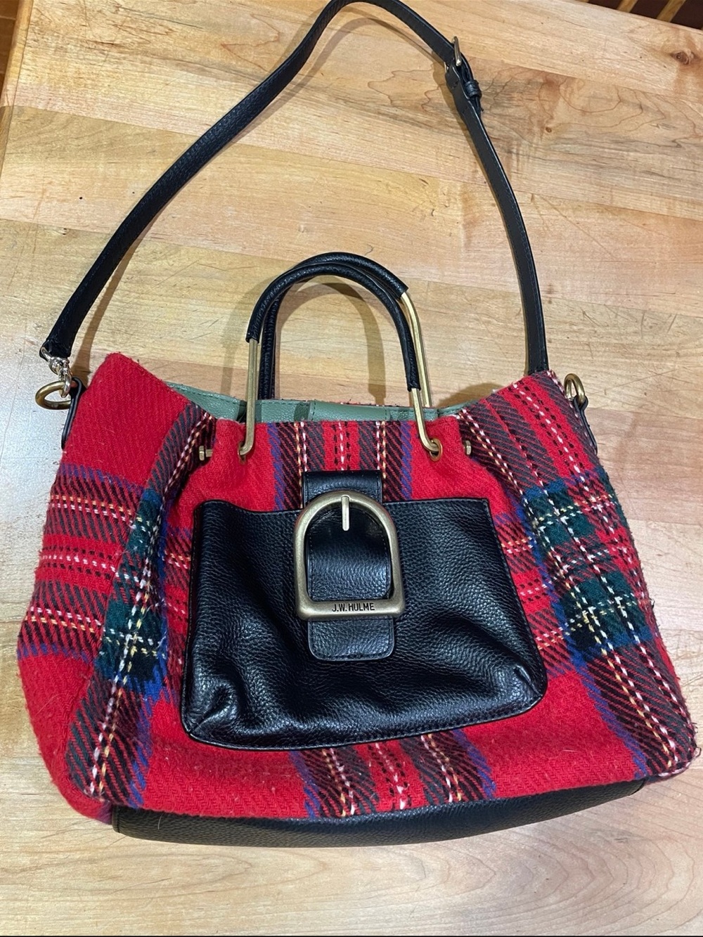 Plaid Red Shoulder Bag with Black Leather Trim by J.W. Hulme*Smoke Smell